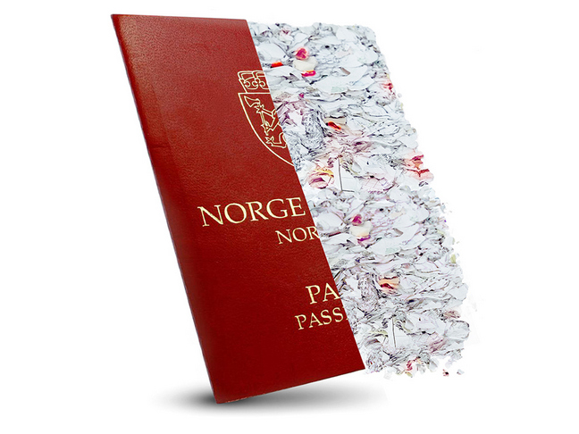 Grafisk illustrasjon av norsk pass som makuleres.