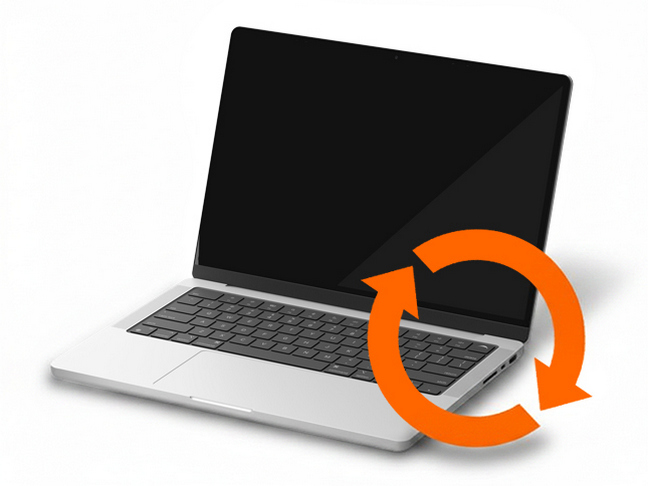 Laptop med oransje ombruks-ikon.